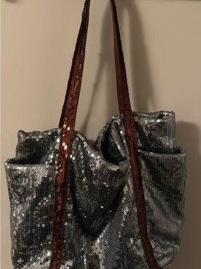 Sequin Tote Bag with Red Straps